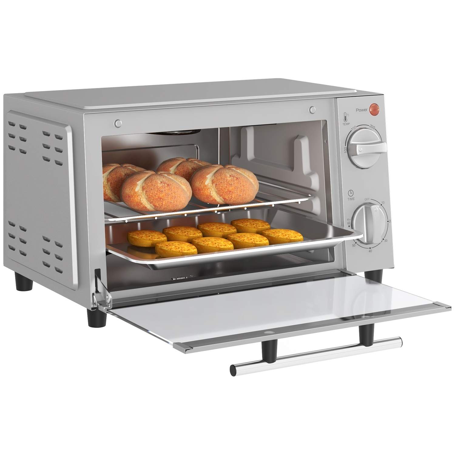 Miniovn 9L miniovn med bageplade, grillrist, 100 °C-230 °C, med justerbar temperatur og tilberedningstid, 60 min timer, 750W, ru