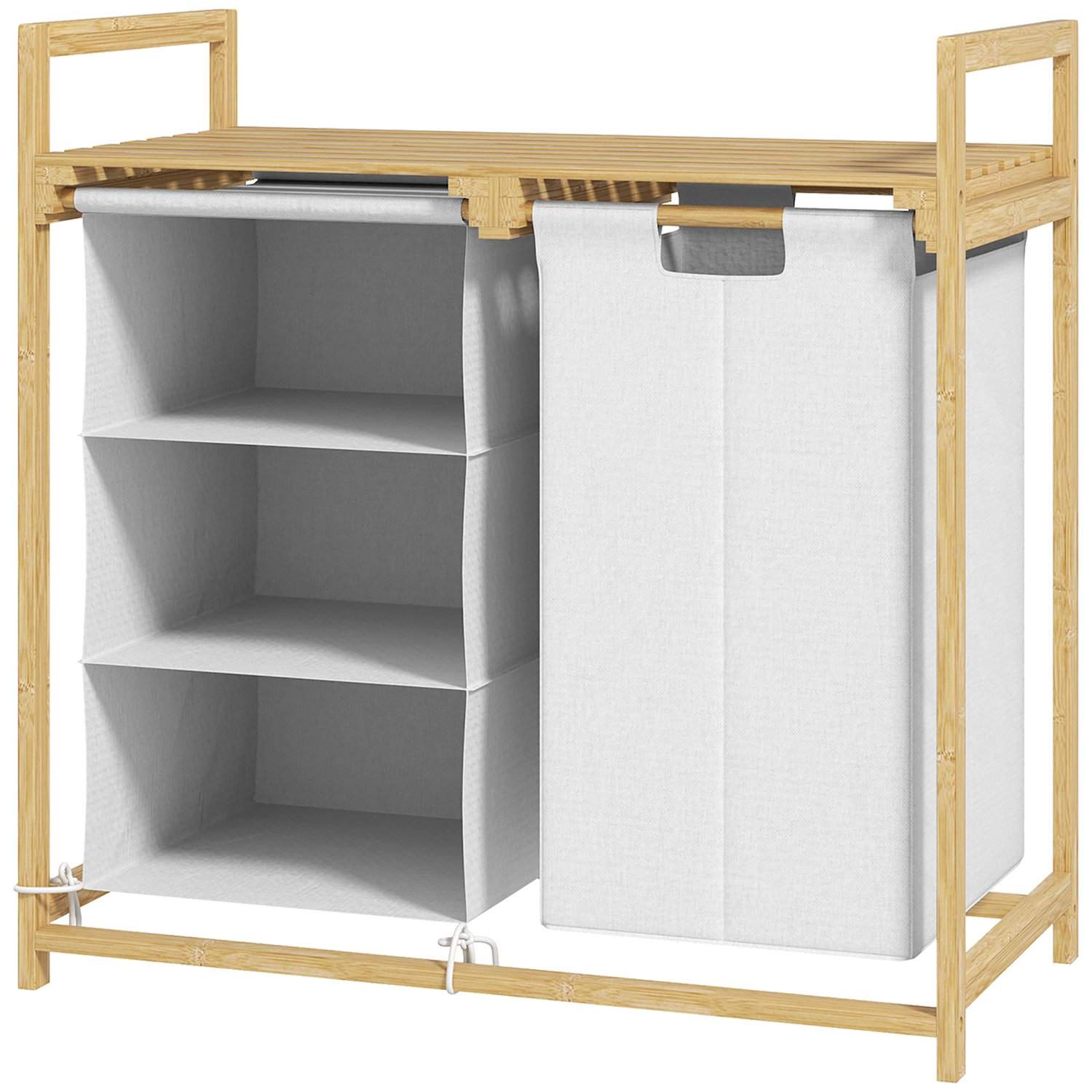 Vasketøjskurv 4 rum vasketøjsopsamler med 2 udtrækbare & aftagelige vasketøjsposer af fiberdug, hylde 83L vasketøjsboks med hånd