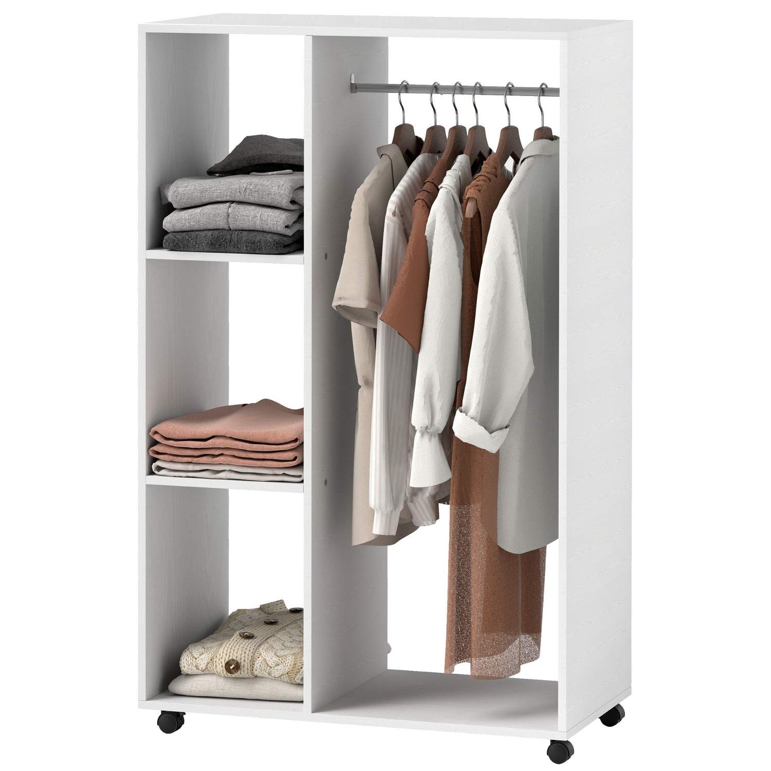 Garderobe på hjul, Mobil garderobe, 1 tøjstang, 3 hylder, garderobe, rullende tøjstativ til entre, soveværelse, 80 x 40 x 128 cm