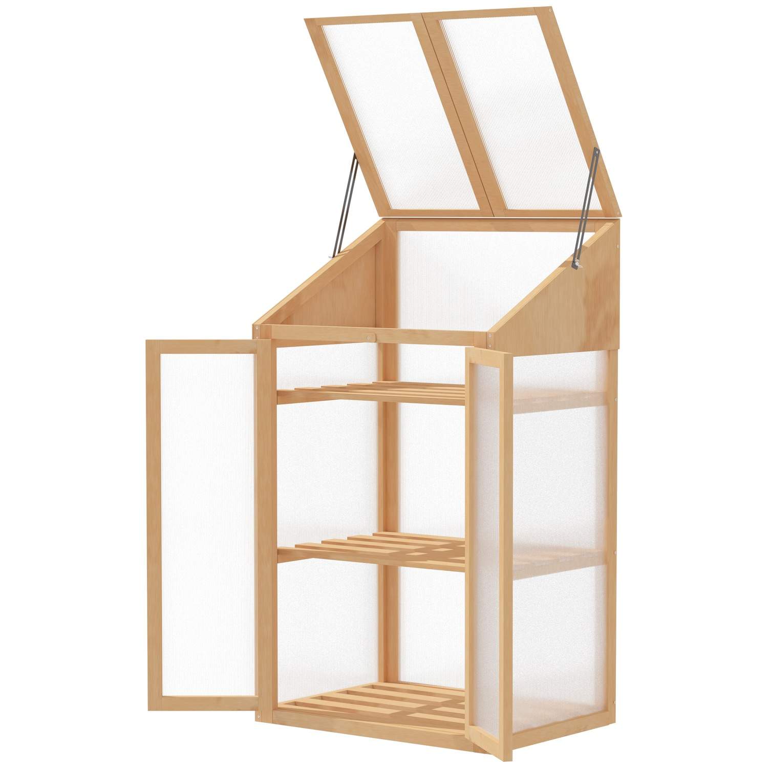 Kulderamme af træ, minidrivhus 70 x 50 x 120 cm, drivhus med låg, vindue, dobbeltdør, gennemskinnelig koldrammekasse med 3 hylde