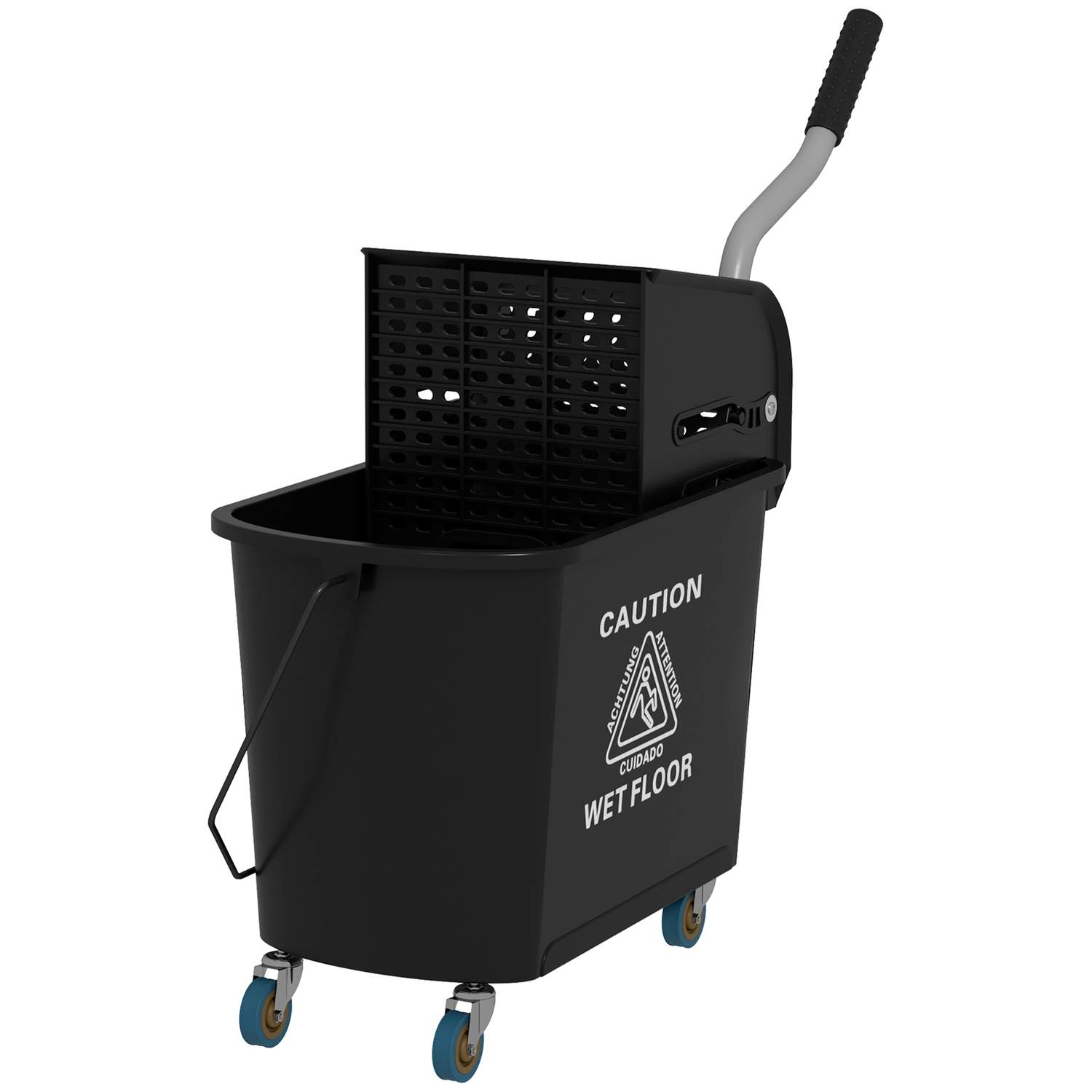 Rengøringsvogn, mobil spand, rensespand, 20 liter, aftørringsvogn med presse, 2 kamre, sort