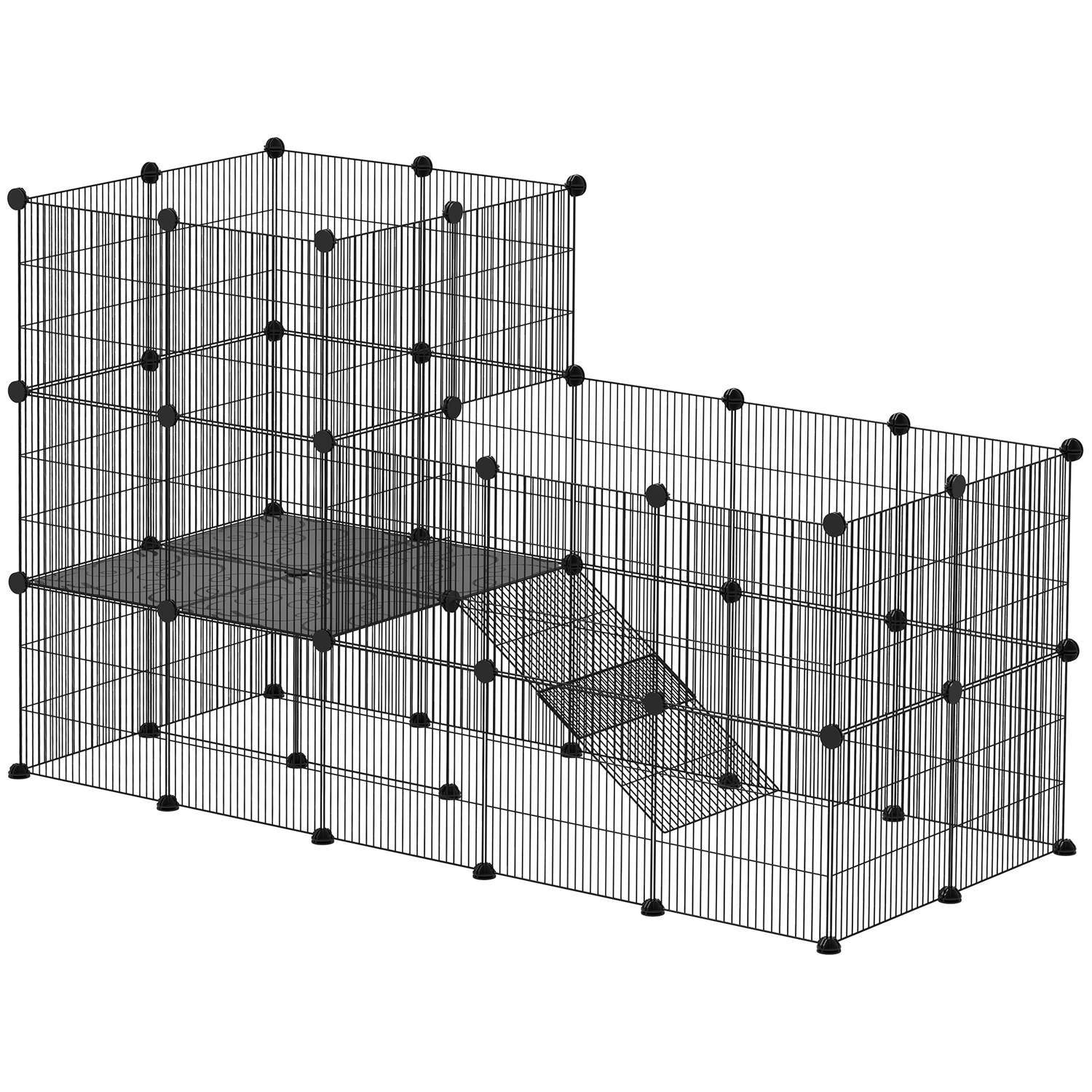 Smådyrskabinet Smådyrsburet med 39 paneler Udendørskabinet med rampe DIY Mesh-kabinet Metal Smådyr, der kan åbnes Sort 140 x 70