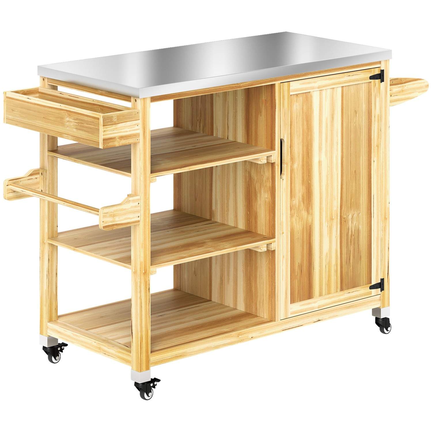Grillvogn 6-etagers serveringsvogn med bordplade håndklædeholder, BBQ grillbord af træ, grillsidebord, udendørs vogn, kulgrill t