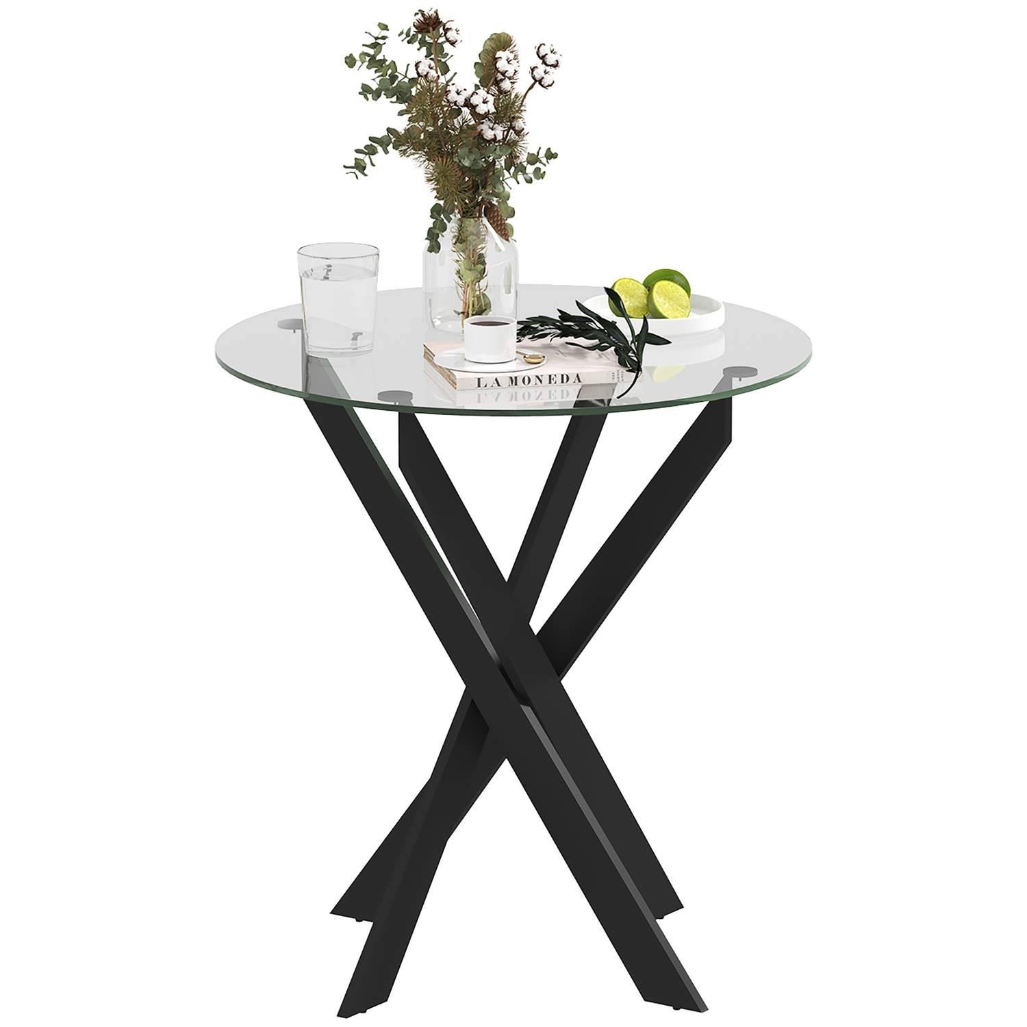 Spisebord, rundt køkkenbord til 4 personer, spisebord med stålben, bordplade af hærdet glas, til spisestue, køkken, Ø70 x 75 cm,