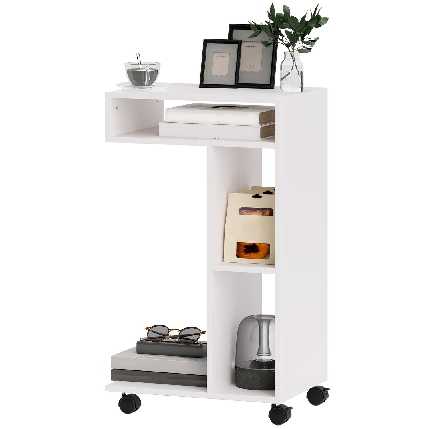 Sidebord Sofabord med Hjul Skrivebord med 4 hylder Sofabord Laptop Bord Sengebord til Spisestue Dagligstue Hvid