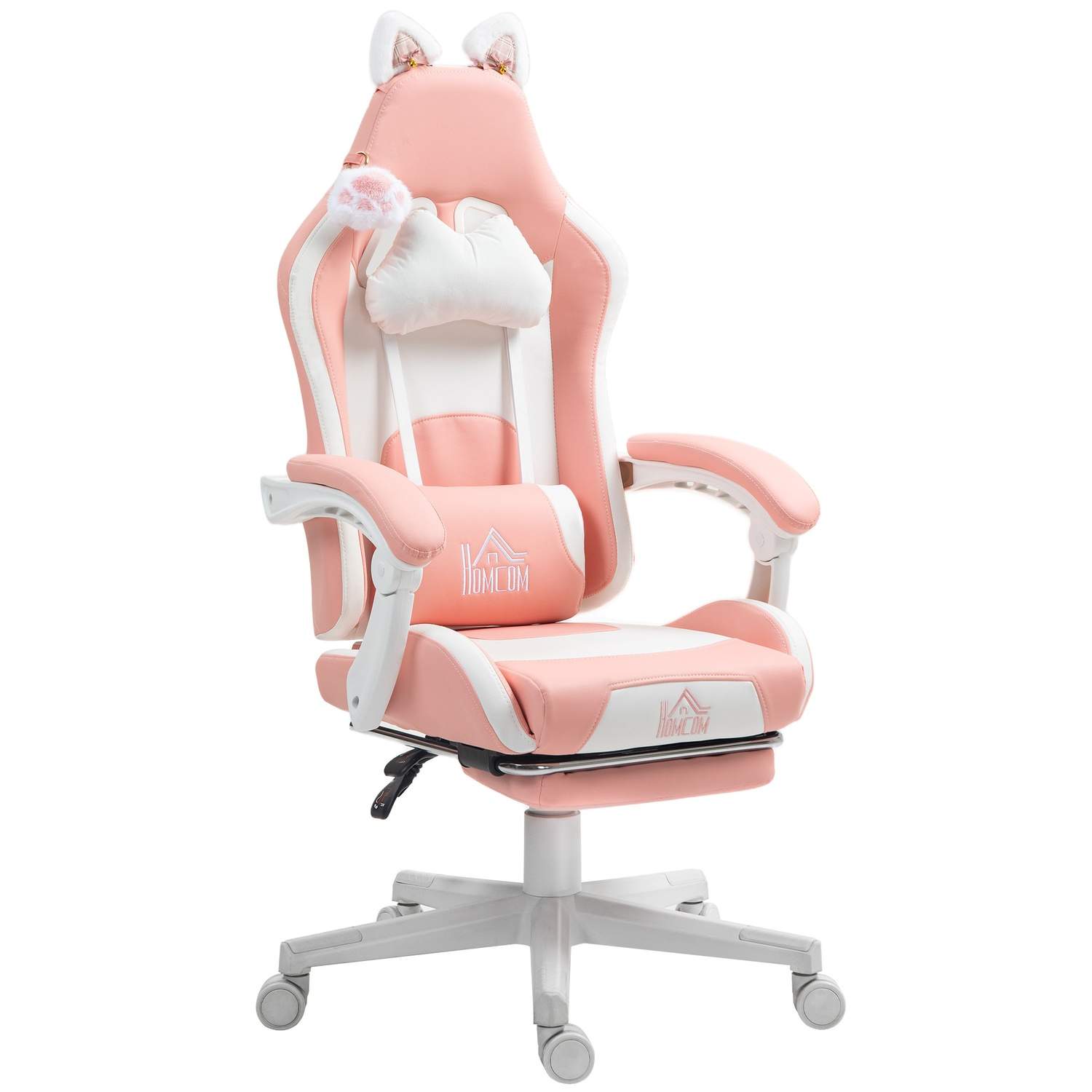 Gaming Chair Ergonomisk Gamer Stol med Lændestøtte, Fodstøtte, Gaming Stol med Cat Ears, Pude, Højdejusterbar Kontorstol med Jus