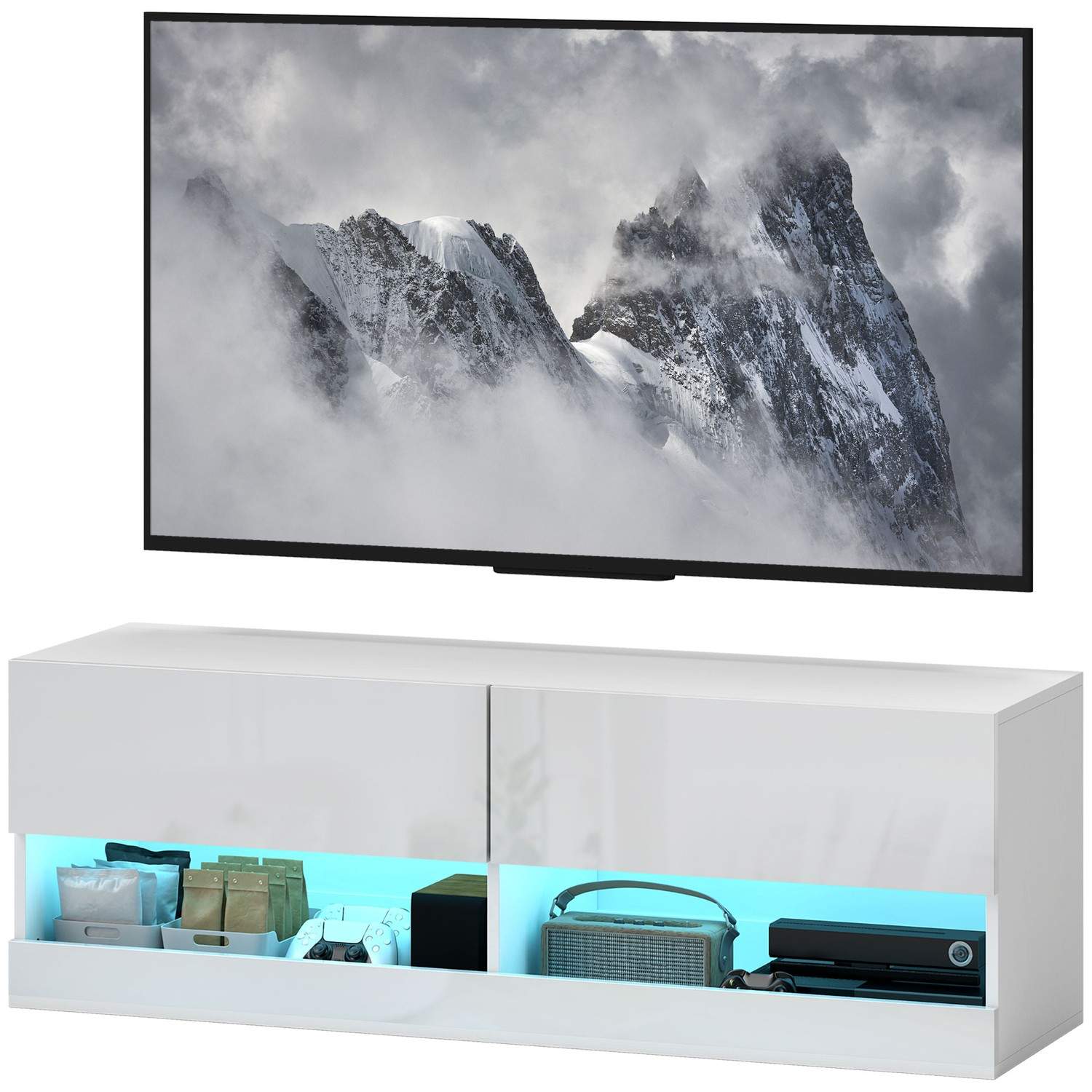 TV-hængende skab med farverig LED-belysning, 16 blinktilstande, vægmonteret tv-skab, kommode, åbne hylder, 120 x 35 x 40,5 cm, h