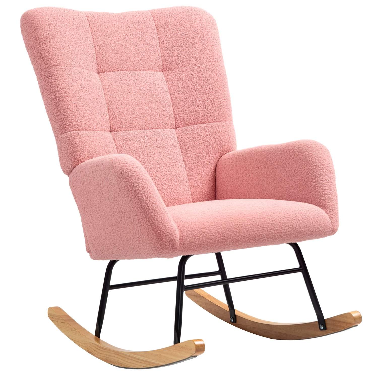 Gyngestol, gyngestol med armlæn, teddy-fløjllook, afslapningsstol med træløbere, gyngestol, ammestol til soveværelse, stue, pink