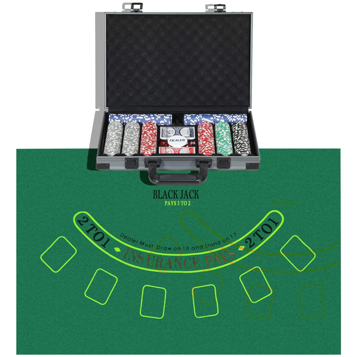 Pokerboks pokersæt, poker komplet sæt med 400 chips, 11,5 gram, 2 spil kort, 5 terninger, dealer disc, spillemåtte, aluminiumska