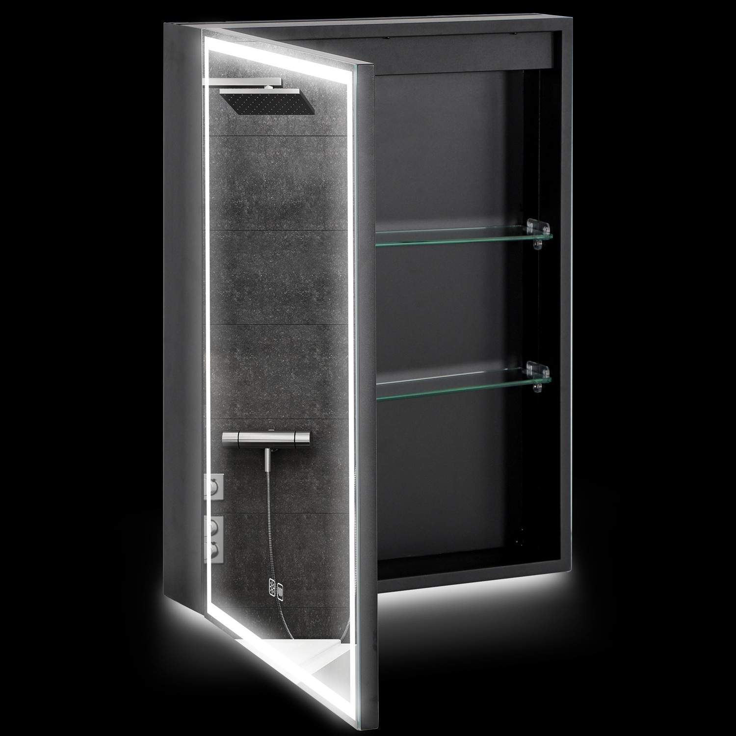 Spejlskab badeværelse, badeværelsesskab med LED belysning, antidug, overskab med 3 lysfarver, memory funktion til badeværelse, s