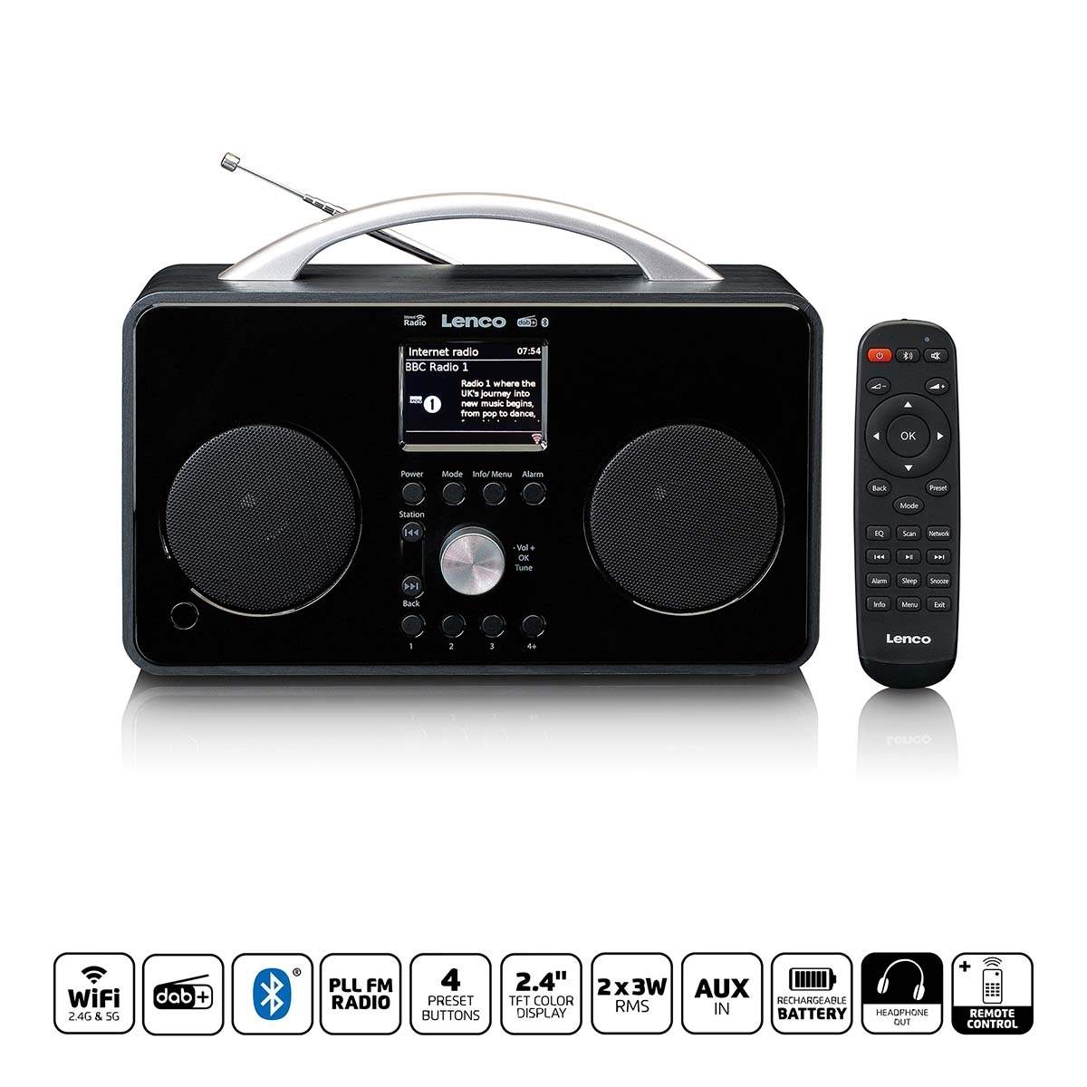 Internet DAB+/FM-radio med Bluetooth-fjernbetjening og genopladeligt batteri