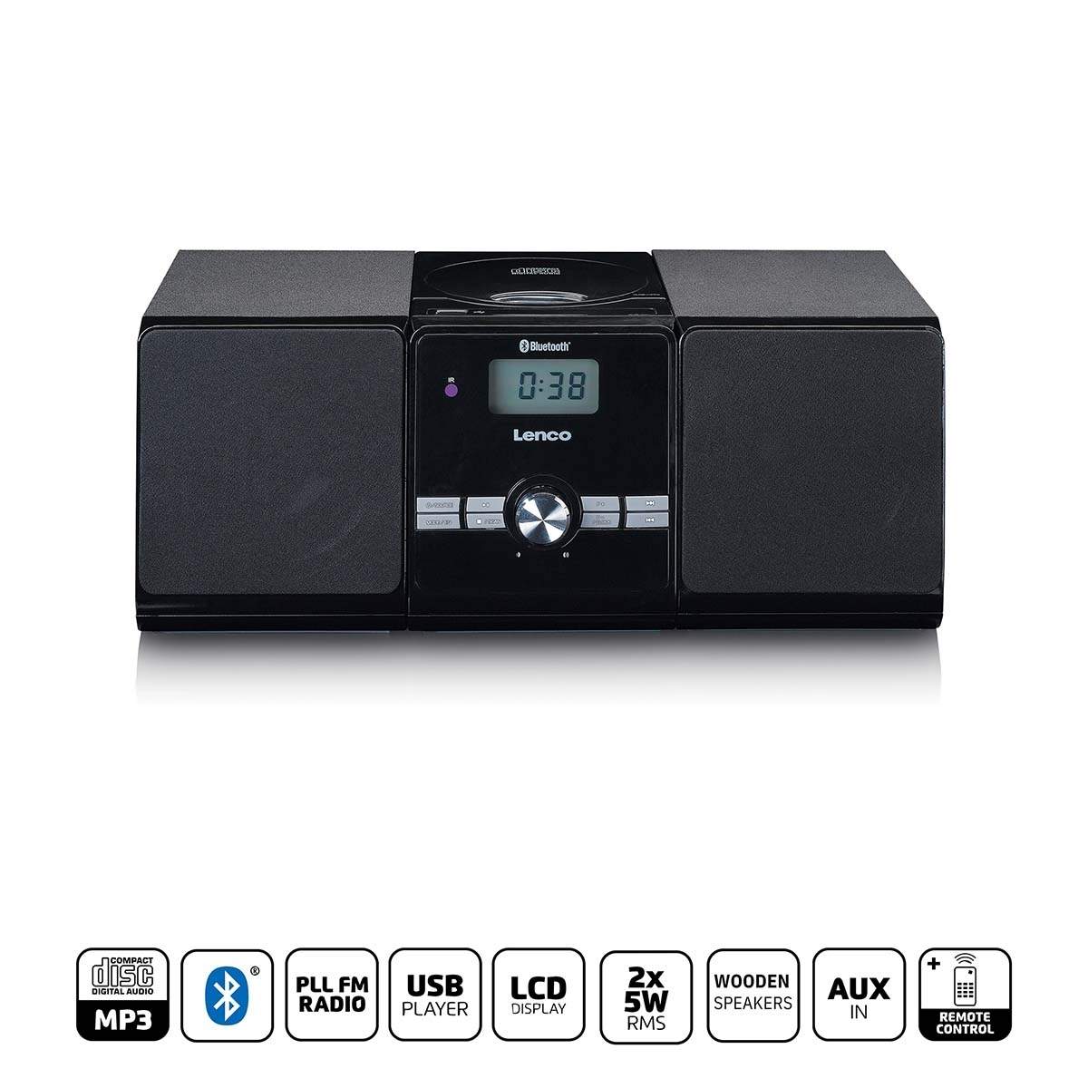 Lenco MC-030BK, Home audio micro system, Sort, 1 diske, Top, 10 W, FM