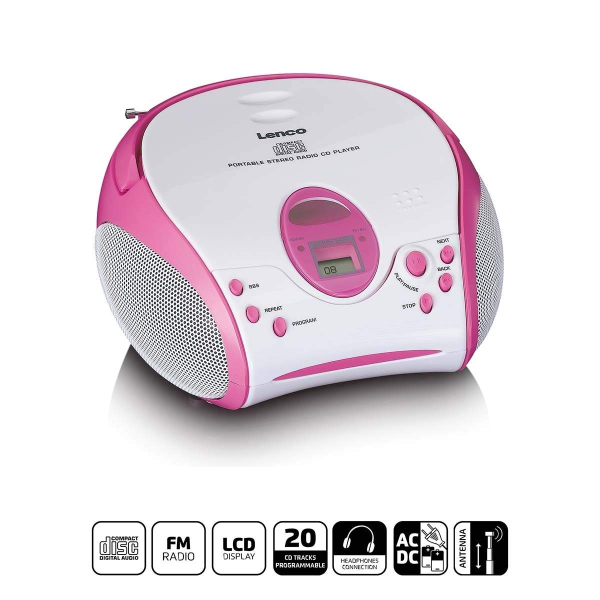 Boombox med CD-afspiller FM-radio og klistermærker Pink