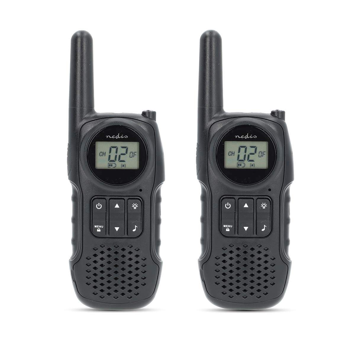 Walkie-talkie sæt | 2 håndsæt | Op til 10 km | Frekvenskanaler: 8 | PTT / VOX | op til 3 timer | Hovedtelefonudgang | Sort