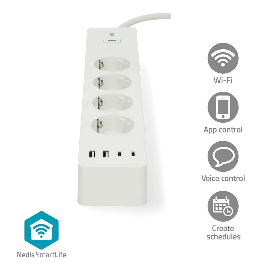 SmartLife Grenkontakt Wi-Fi Hybrid (CEE 7/7) / USB A / USB-C™ 16 A 3680 W 2.00 m 0 - 55 °C Android™ / IOS Vit | Elektronik | Pryloteket