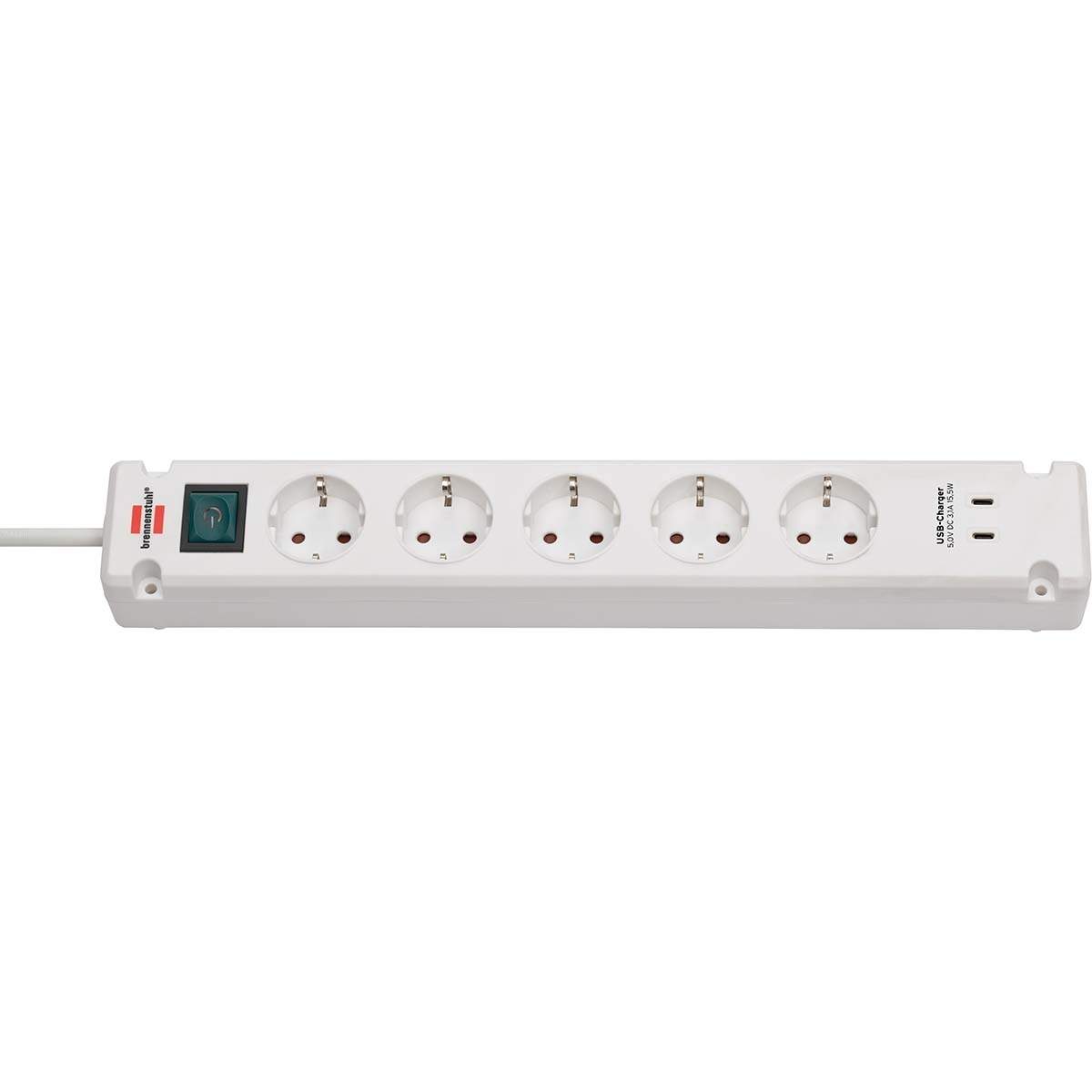 Bremounta strømskinne 5-vejs med 2 USB C opladningsstik (USB C stikblok med afbryder og 3m kabel, fordelingsboks til vægmonterin