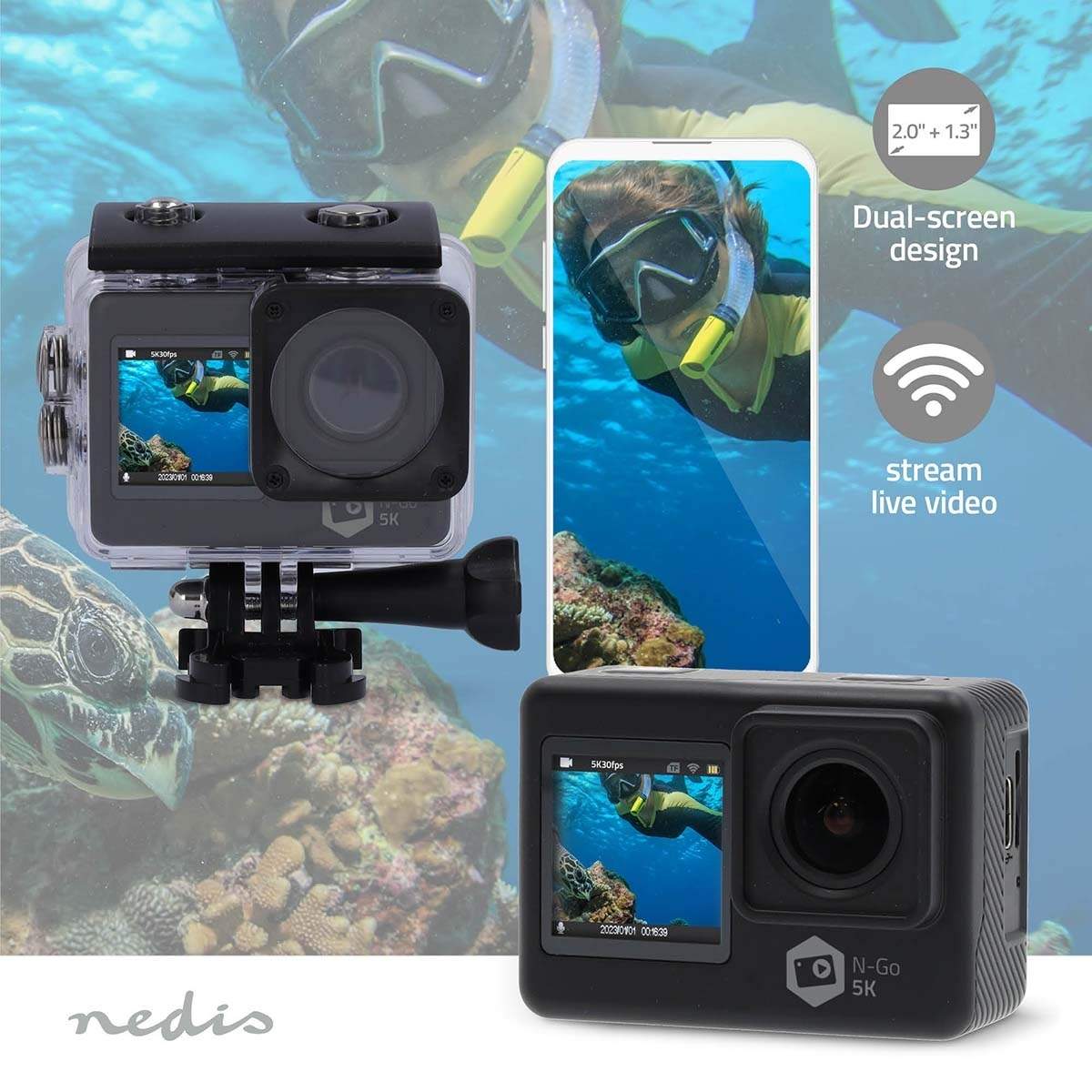 Alternativ bild 1 för Nedis Action Cam | Dual Screen | 5K@30fps | 16 MPixel