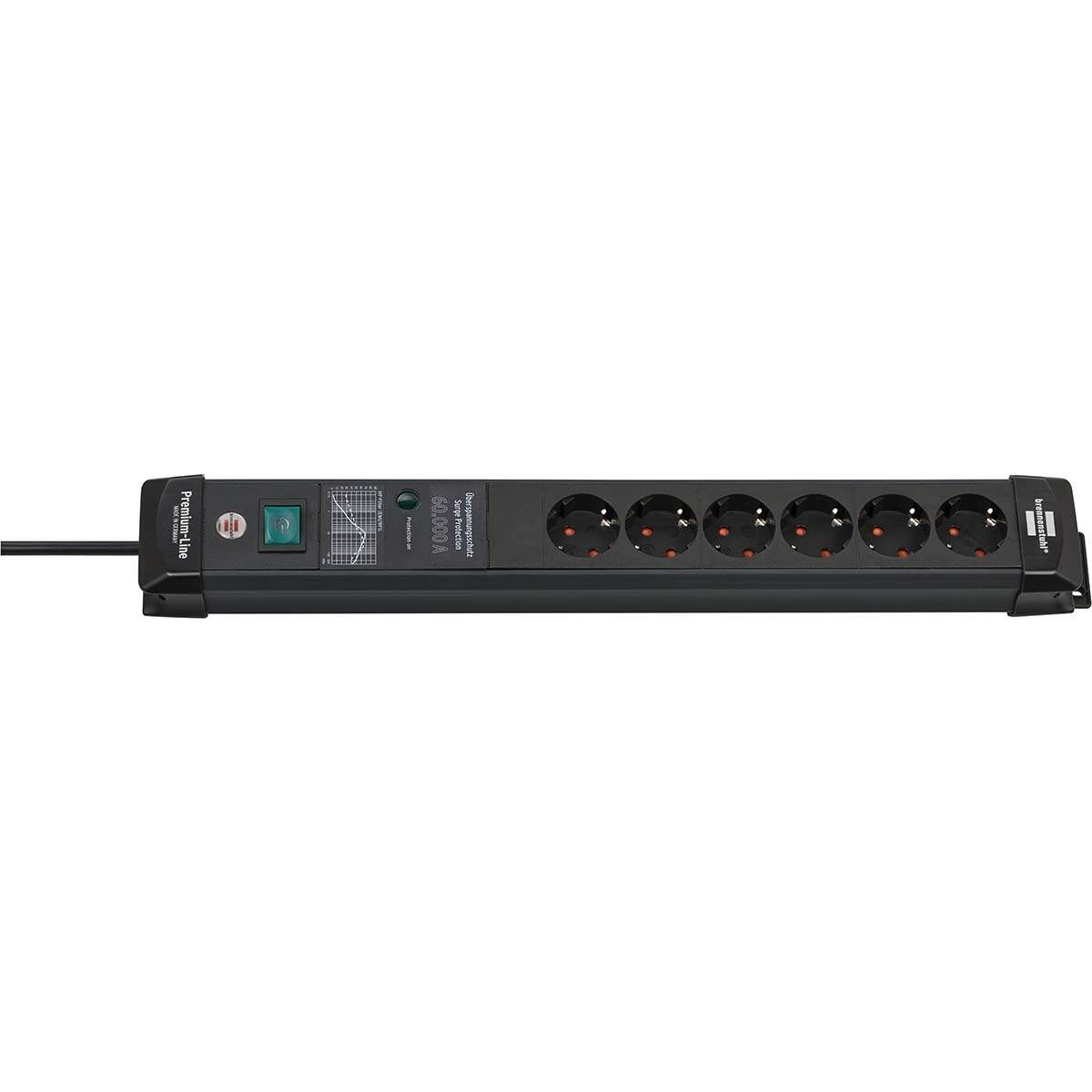 Premium-Line 60.000A strømskinne med overspændingsbeskyttelse 6-vejs sort 3m H05VV-F 3G1,5