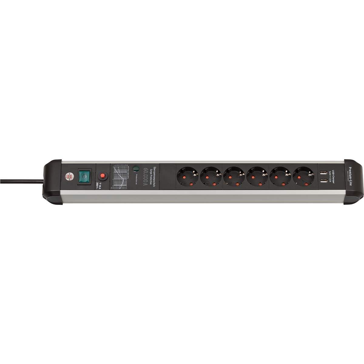 Premium-Protect-Line 60.000A strømskinne med overspændingsbeskyttelse og USB 6-vejs 3m H05VV-F 3G1,5