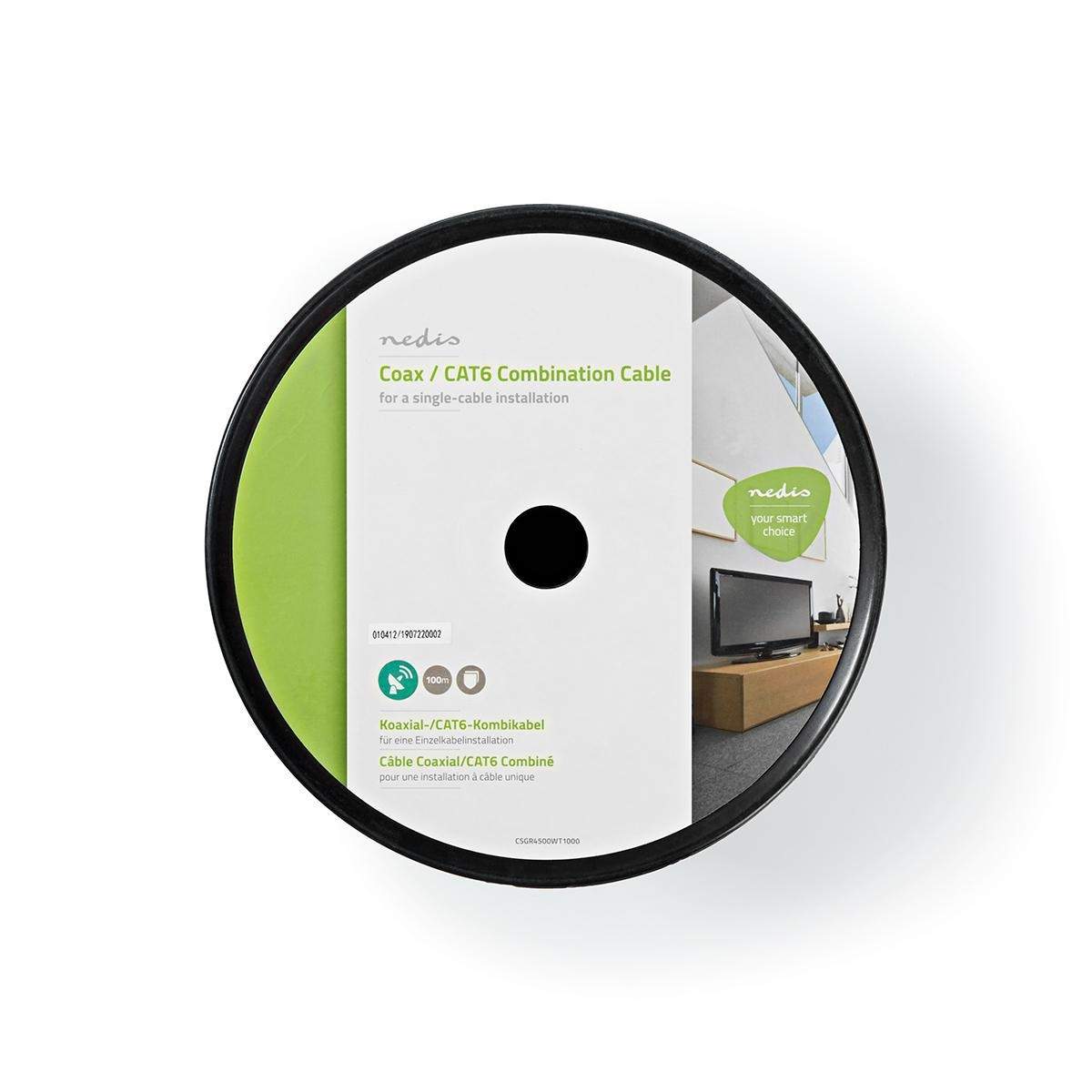 IEC (Coax) CAT6 kombikabel på rulle | RG58 | 75 Ohm | Dubbelskärmad | ECA | 100.0 m | Rund | Vit | Rulle