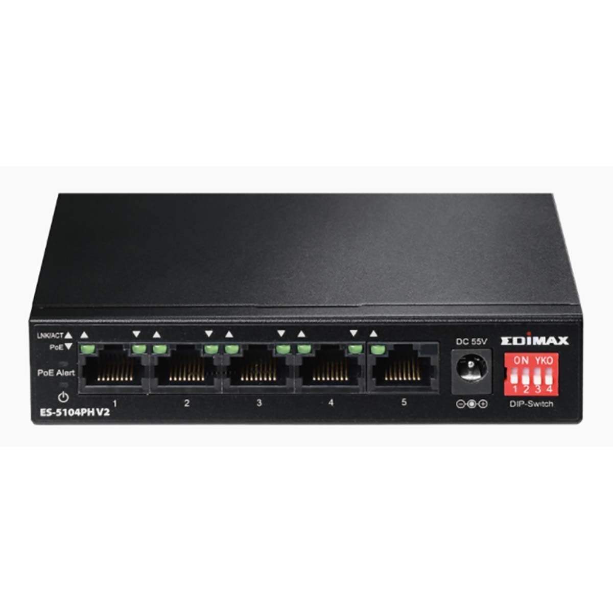 Lang rækkevidde 5-ports Fast Ethernet-switch med 4 PoE+-porte og DIP-switch