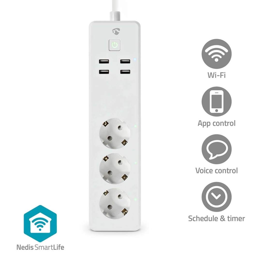 SmartLife Grenkontakt Wi-Fi 3x Jordad kontakt (CEE 7/3) / 4 x USB 16 A 3680 W 1.80 m -10 - 40 °C Android™ / IOS | Elektronik | Pryloteket