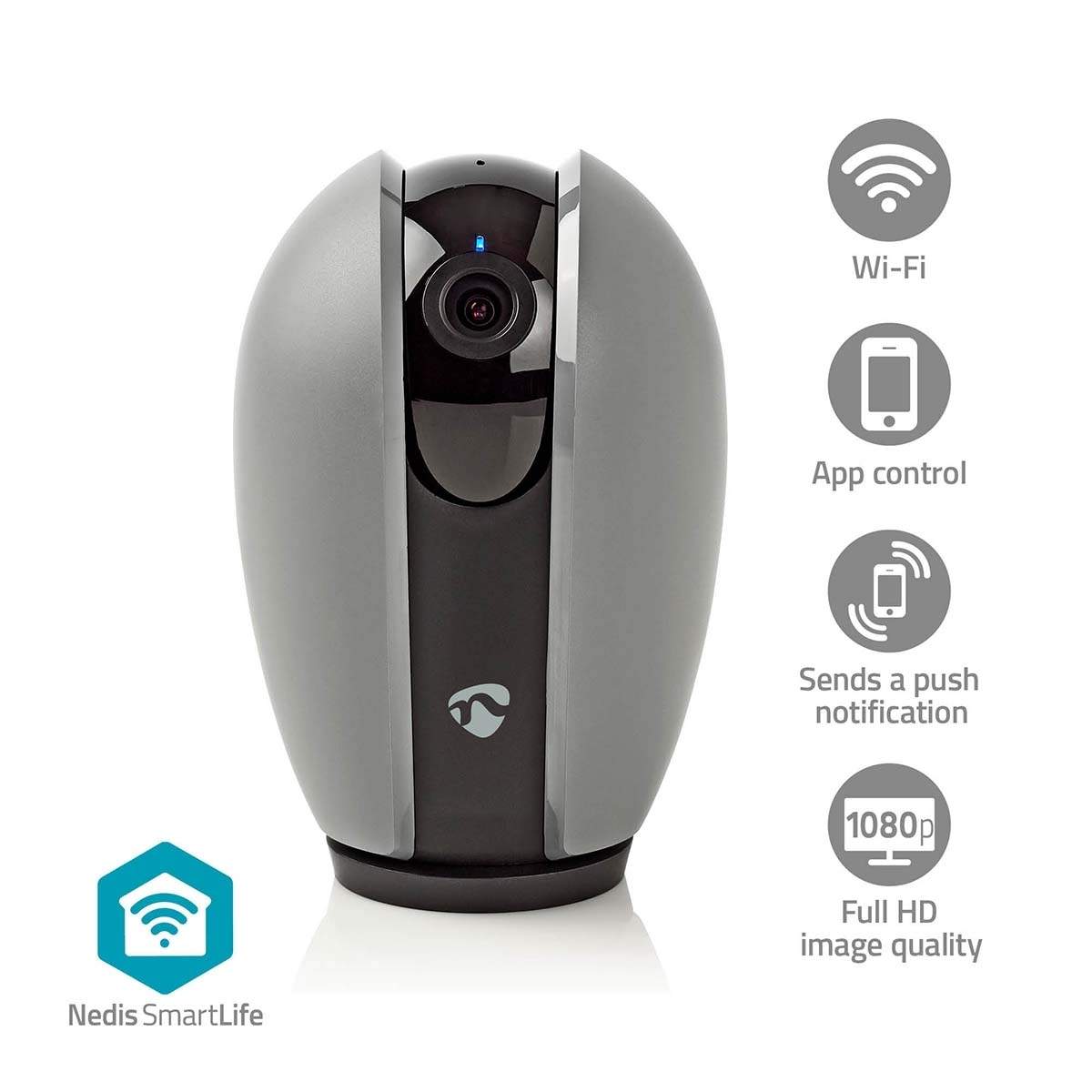 NEDIS SmartLife Indendørs Kamera | Wi-Fi | Full HD 1080p | Pan tilt | Cloud Storage (mulighed) / microSD (ikke inkluderet) | Med bevægelsessensor | Nattesyn | Hvid / Mørkegrå