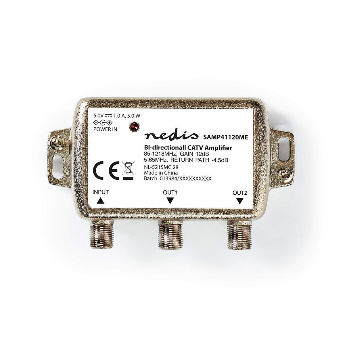 CATV forstærker | Forstærkning: 12 dB | 85 - 1218 MHz | Antal output: 2 | Retur sti | Sølv