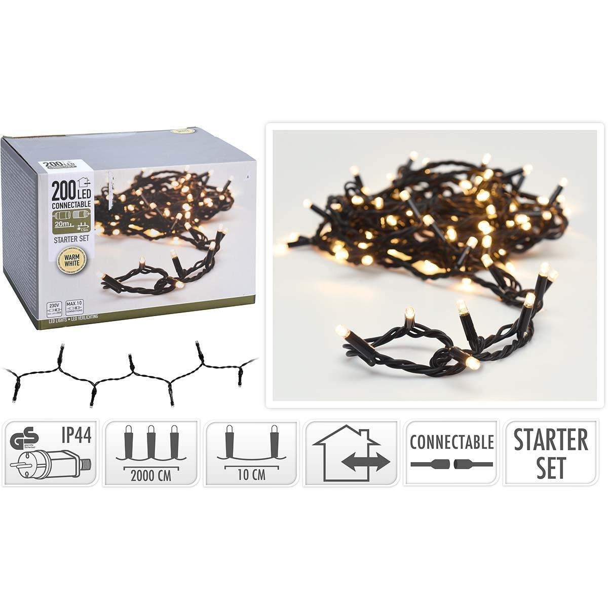 CONNECTABLE CHRISTMAS LIGHTS STARTER SET 200 LED WARM WHITE 230 V | Hem & Hobby | Pryloteket
