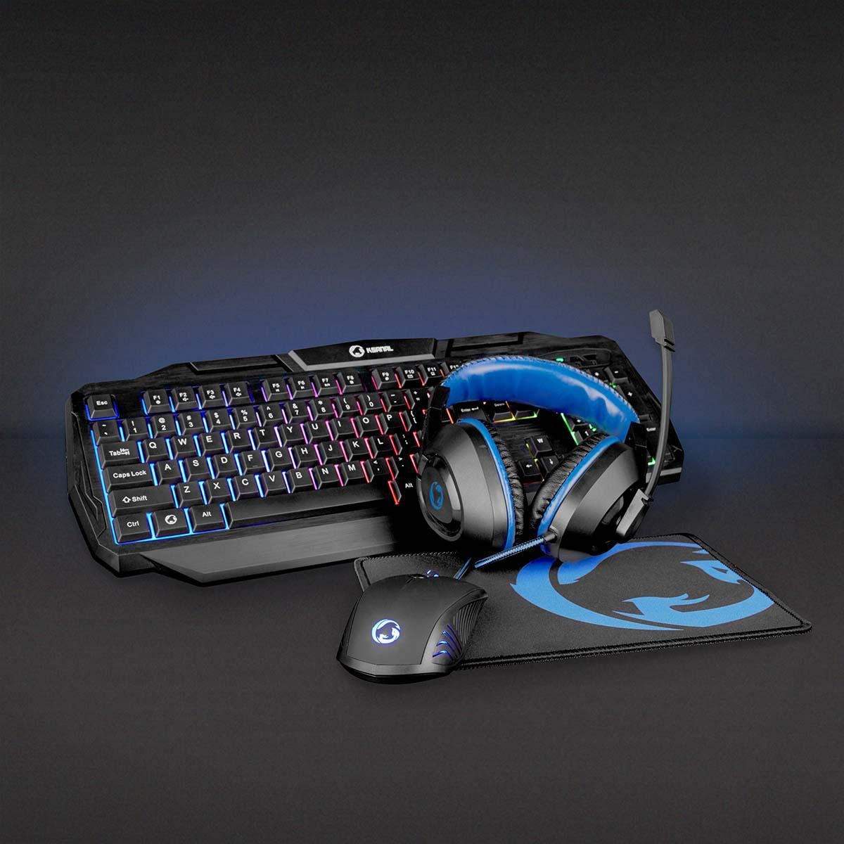 Gaming Combo Kit 4-i-1 Tangentbord, headset, mus och musmatta Blå / Svart QWERTY US Layout | Elektronik - Datortillbehör - Tangentbord, Möss & Fjärrkontroller - Tangentbord | Pryloteket
