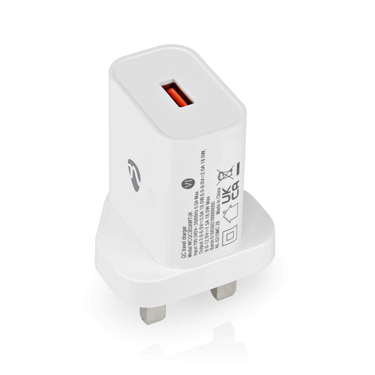 Vægoplader | 18 W | Hurtigopladningsfunktion | 3.0 A | Antal output: 1 | USB-A | Automatisk Valgt Spænding