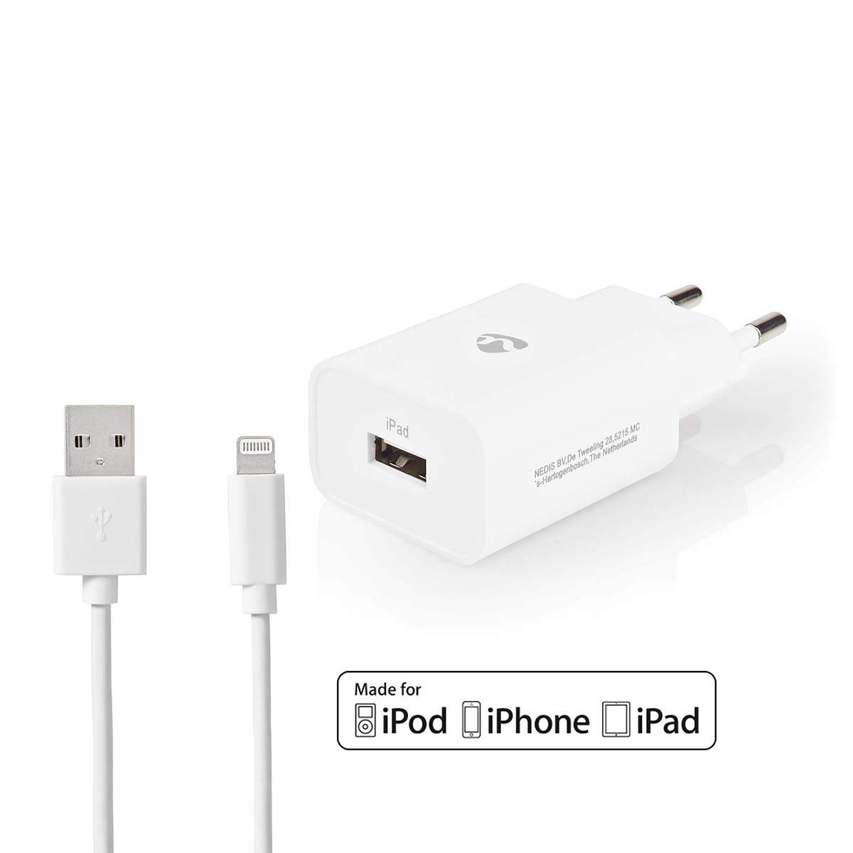 Vægoplader | 12 W | Hurtigopladningsfunktion | 1x 2.4 A A | Antal output: 1 | USB-A | Lightning 8-Pin (Loose) kabel | 1.00 m | S billede
