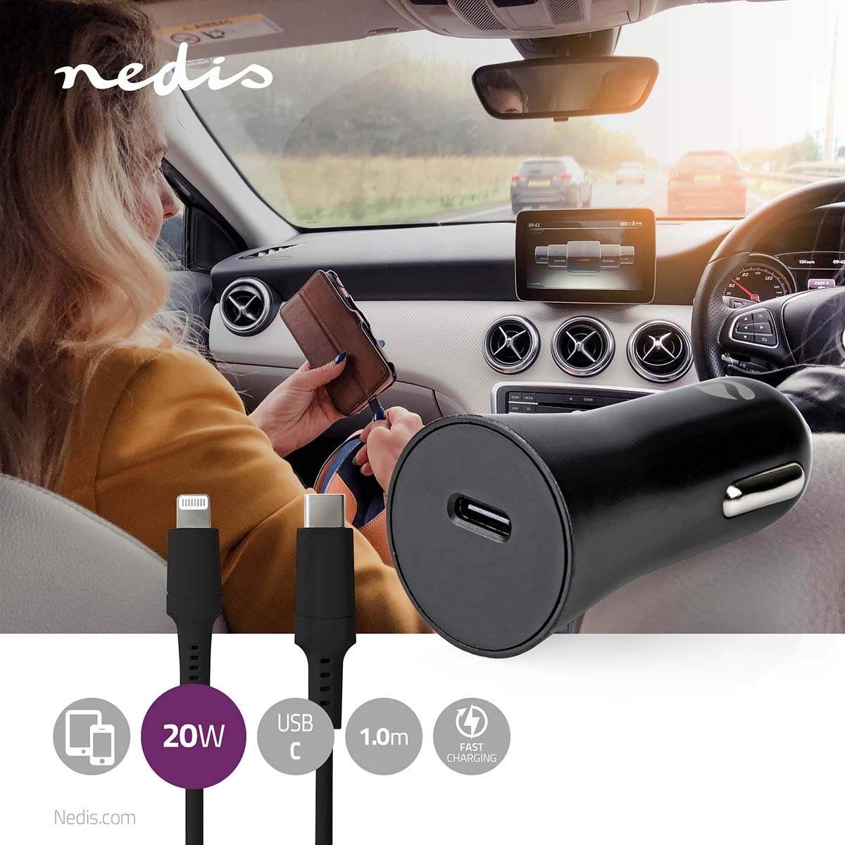 Alternativ bild 1 för Nedis car power adapter - 24 pin USB-C - 20 Watt