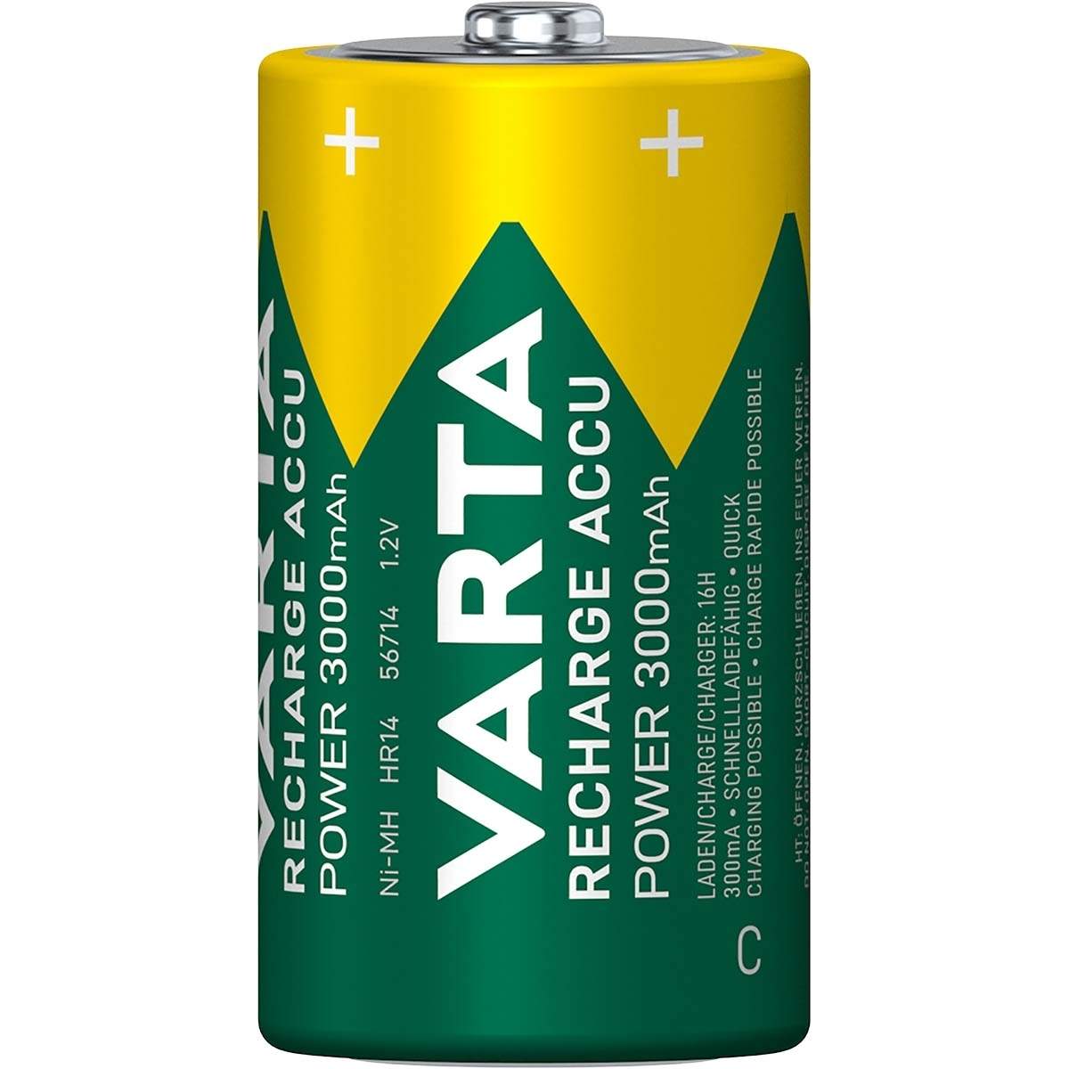 Genopladelige Ni-MH batteri C | 1.2 V DC | 3000 mAh | Forudladet | 2-Blister | HR14 | Grøn / Gul
