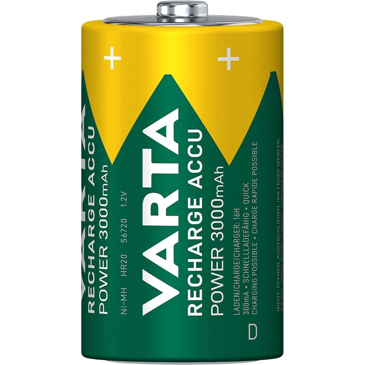 Genopladelige Ni-MH batteri D | 1.2 V DC | 3000 mAh | Forudladet | 2-Blister | HR20 | Grøn / Gul