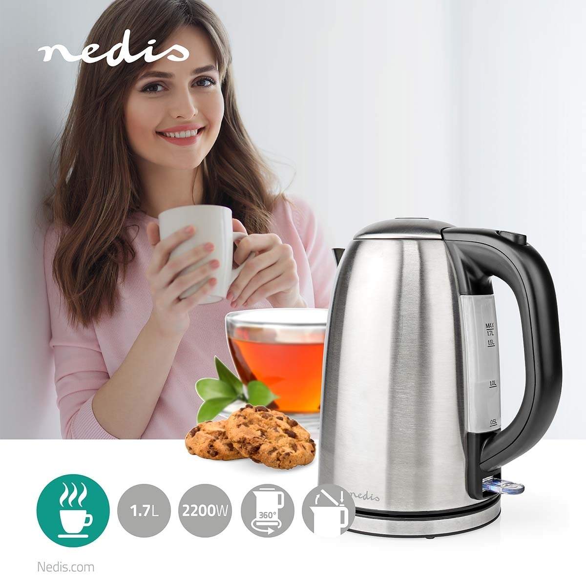 Alternativ bild 1 för Nedis Vattenkokare KAWK350EAL electric kettle - Silver - 2200 W