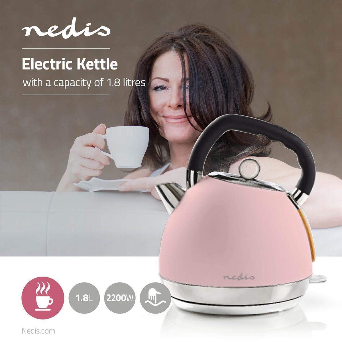 Nedis Bouilloire électrique 1,7 L – Vert Soft Touch, 2200W, Rotation 360°, élément Caché, Protection Anti-calcaire