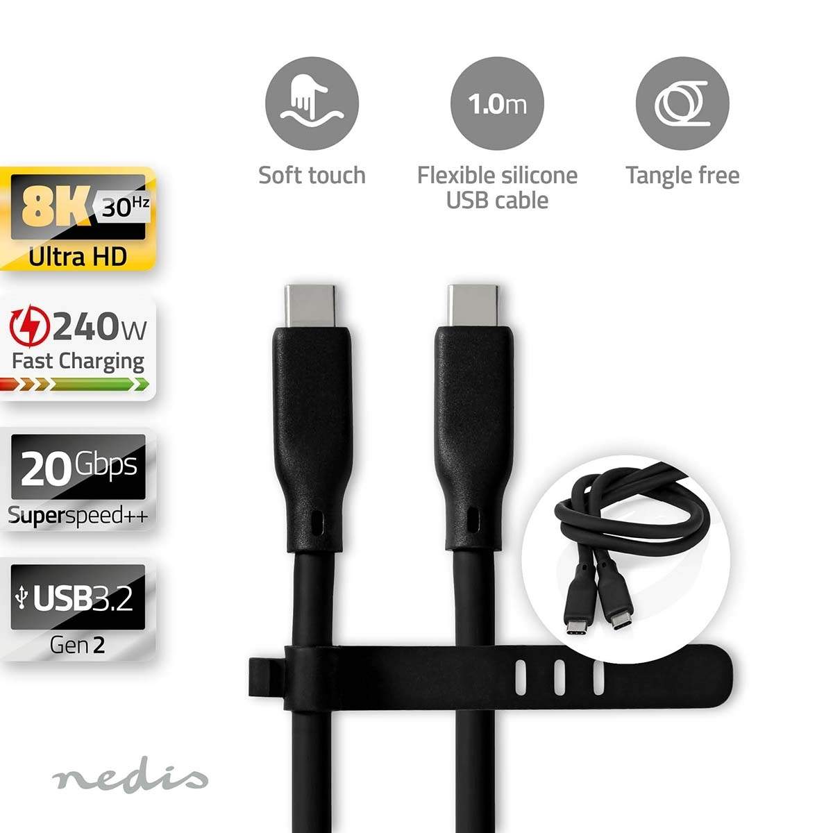 USB-kabel | USB 3.2 Gen 2 | USB-C™ Han | USB-C™ Han | 240 W | 8K@30Hz | 20 Gbps | Nikkelplateret | 1.00 m | Runde | Silikone | H billede