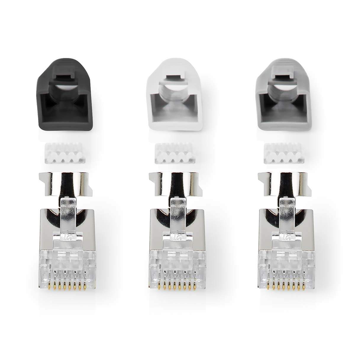 Nedis - RJ45-stik | RJ45 Pass Through | Fast/strenget FTP CAT7 | Lige | Guldplateret | 10 stk. | Polycarbonate | Grå / Hvid / Sort | Box - CCBW89390GY