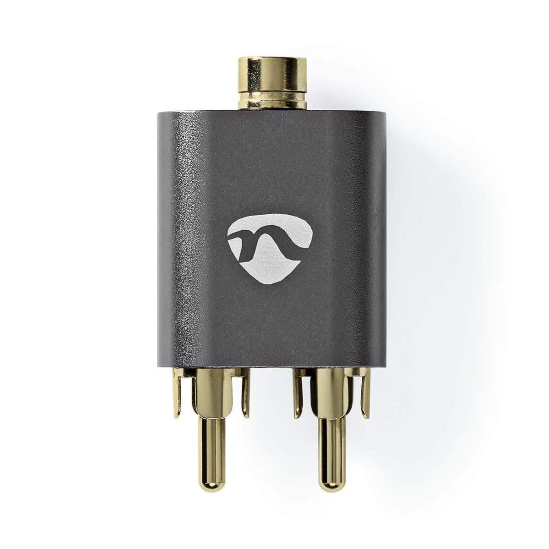 Stereo Audio Adapter 2x RCA Hane 3.5 mm Hona Guldplaterad Rak Aluminium Grått Med Metall 1 st. Kartong med täckt | Elektronik - Kablar & Adaptrar - Adaptrar & Signalomvandlare - Ljud | Pryloteket
