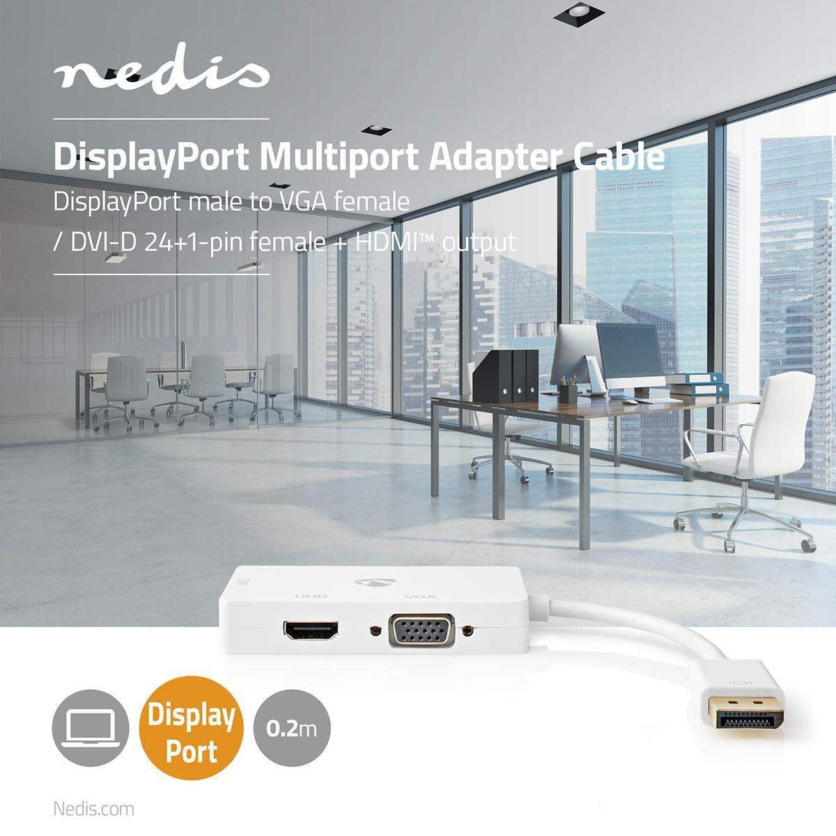 DisplayPort adapter | DisplayPort Han | DVI-D 24+1-Pins Hun / HDMI™ Hun / VGA Hun | 4K@60Hz | Guldplateret | Skiftelig | 0.20 m
