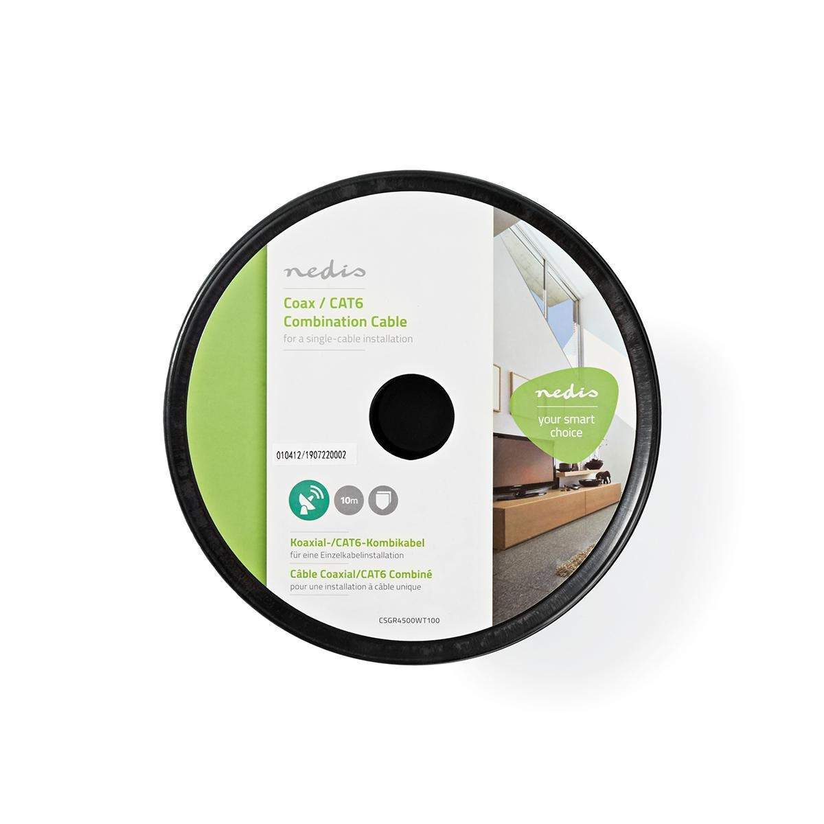 IEC (koaksiaali) CAT6 Combi-kaapeli kelalla | RG59 | 75 Ohm | Tuplasuojattu | ECA | 10.0 m | Pyöreä | Valkoinen | Kela