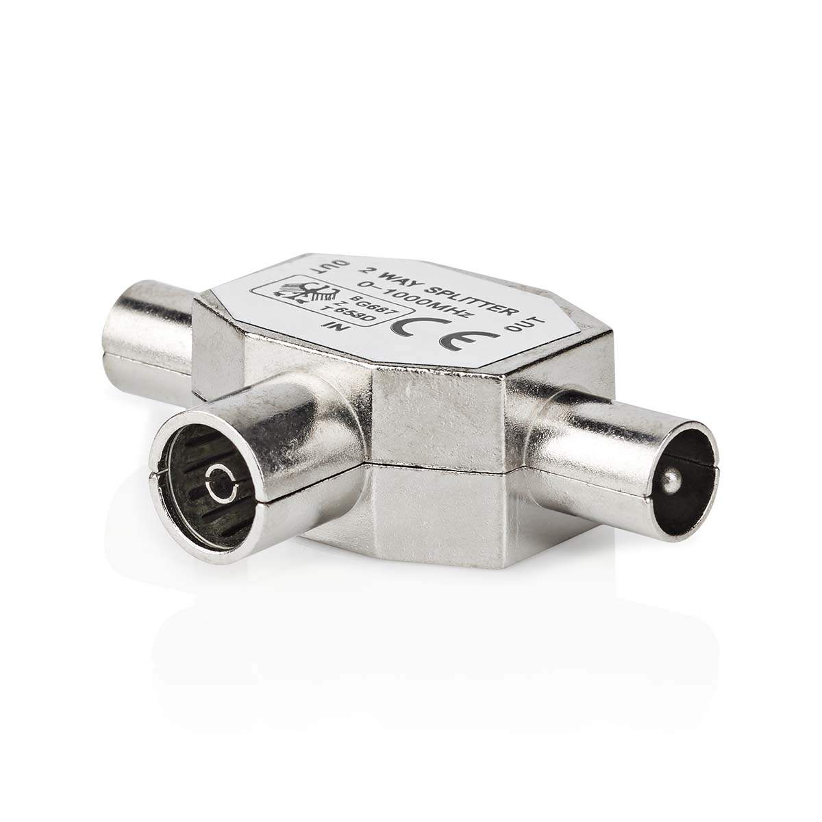 Satellit & Antenne adapter | 2x Coax Han | IEC (Coax) Hun | Nikkelplateret | 75 Ohm | T-Splitter | Metal | Sølv | 1 stk. | Box