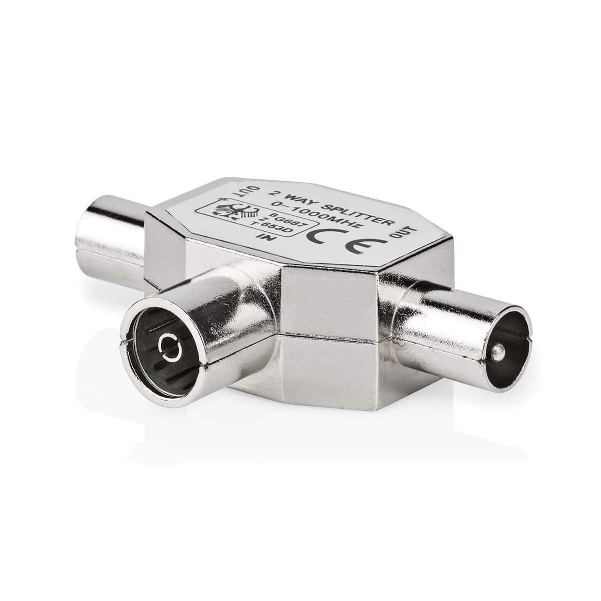 Satellit & Antenne adapter | 2x Coax Han | IEC (Coax) Hun | Nikkelplateret | 75 Ohm | T-Splitter | Metal | Sølv | 1 stk. | Konvo
