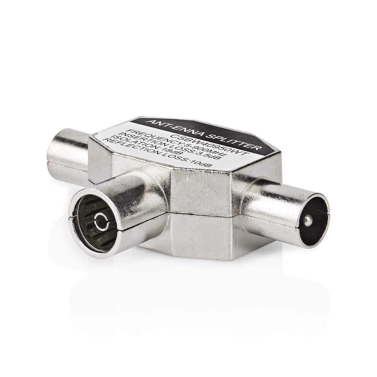 Satellit & Antenne adapter | 2x Coax Han | Coax Hun | Nikkelplateret | 75 Ohm | T-Splitter | Metal | Hvid | 1 stk. | Window Box