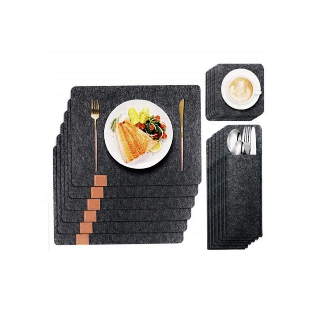 Herzberg HG-04203: Matbordsunderlägg, bestickpåse och underläggsset med 18 stycken naturfilt | Hem & Hobby - Hem & Hushåll - Kök - Servering - Glasunderlägg | Pryloteket