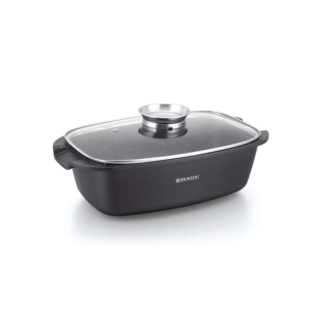 Herzog HR-ROS34M: 34 cm gjuten stenbelagd stekgryta med glaslock Aromaknopp | Hem & Hobby - Hem & Hushåll - Kök - Köksredskap - Lock | Pryloteket