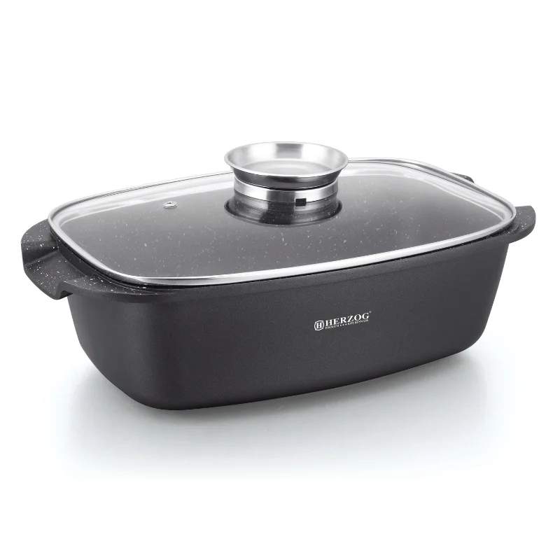 Herzog HR-ROS34M: 34 cm støbt stenbelagt stegepande med glaslåg Aromaknop