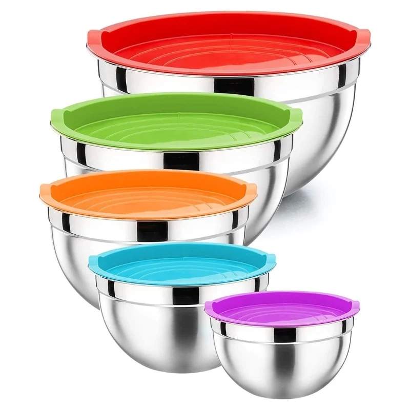 Herzberg HG-04074: 5 stykkers Nesting Blandeskål med Silikonelåg