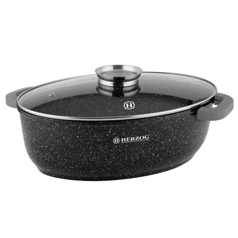 Herzog HR-5232: 38 cm marmorbelagt bradepande med glaslåg Aromaknop - 8,4L